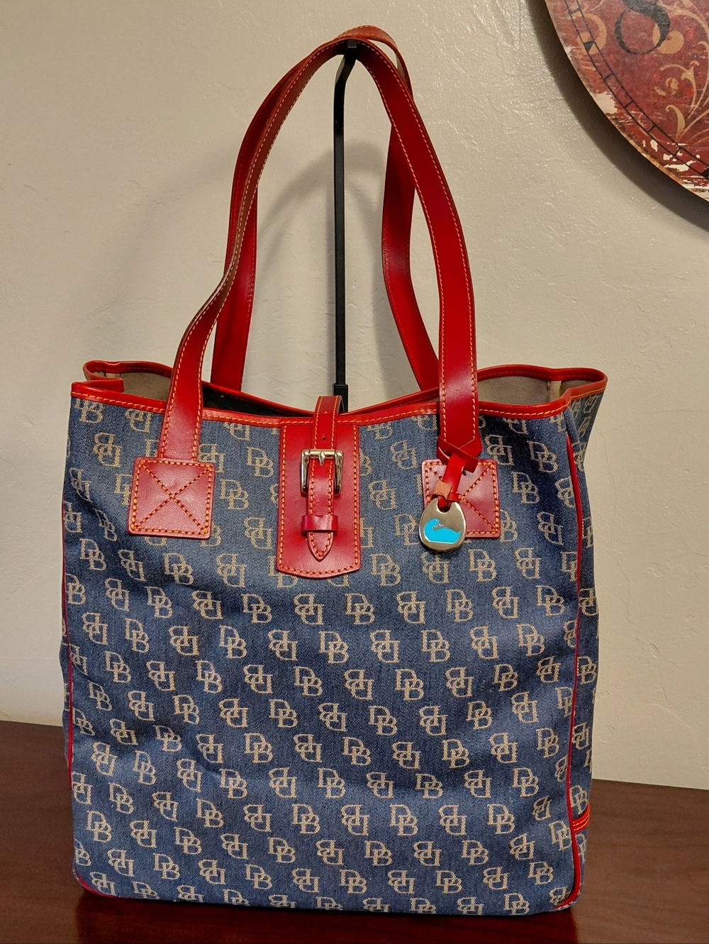 Dooney & Bourke Vintage Signature Blue Denim & Red Leather Extra Large Tote Bag